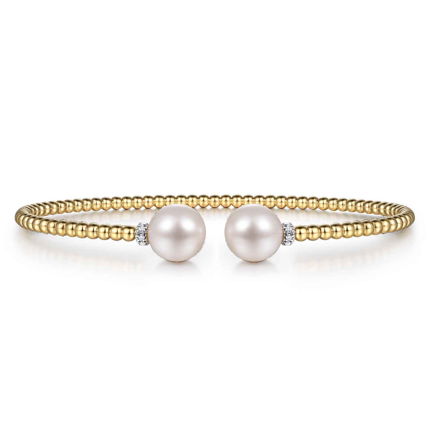 14K Yellow Gold Bujukan Diamond and Pearl Split Bangle - 0.05 ct - Shot 1