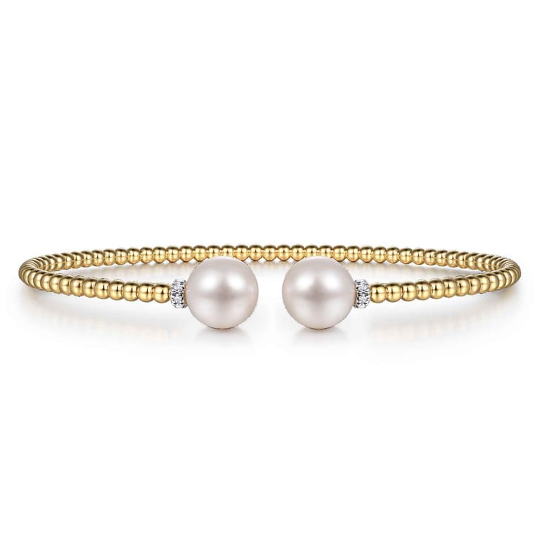 14K Yellow Gold Bujukan Diamond and Pearl Split Bangle - 0.05 ct - Shot 1