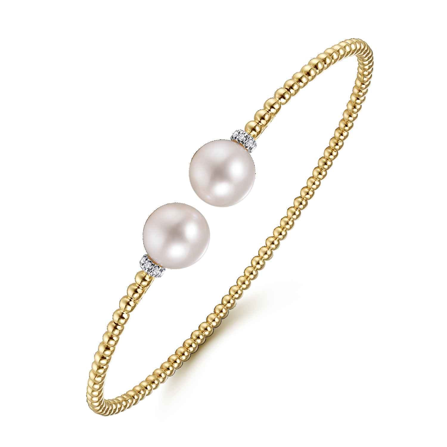 14K Yellow Gold Bujukan Diamond and Pearl Split Bangle - 0.05 ct - Shot 2