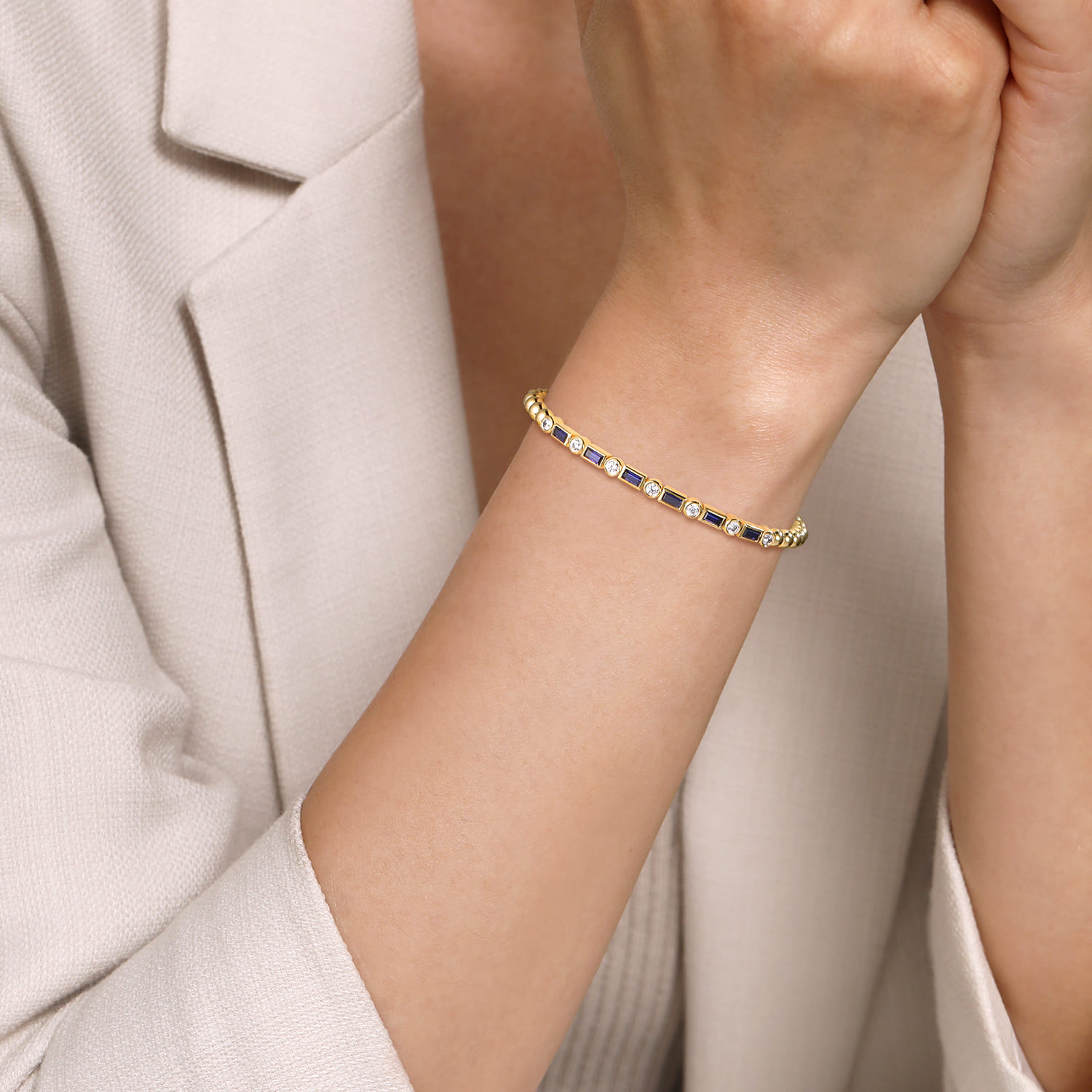 14K Yellow Gold Bujukan Diamond and Rectangle Sapphire Split Bangle Bracelet - 0.5 ct - Shot 4