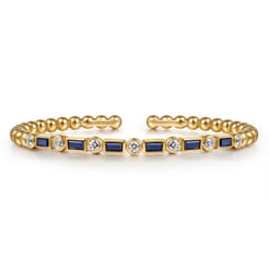 14K Yellow Gold Bujukan Diamond and Rectangle Sapphire Split Bangle Bracelet