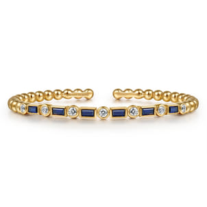 14K Yellow Gold Bujukan Diamond and Rectangle Sapphire Split Bangle Bracelet