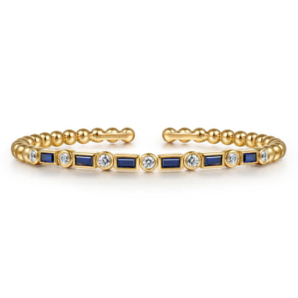 14K Yellow Gold Bujukan Diamond and Rectangle Sapphire Split Bangle Bracelet