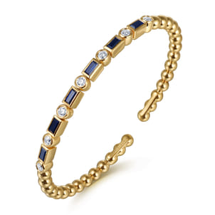 14K Yellow Gold Bujukan Diamond and Rectangle Sapphire Split Bangle Bracelet