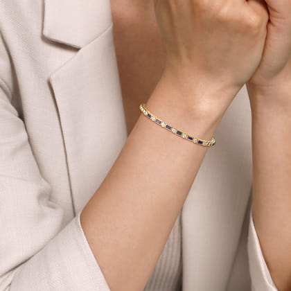 14K Yellow Gold Bujukan Diamond and Rectangle Sapphire Split Bangle Bracelet