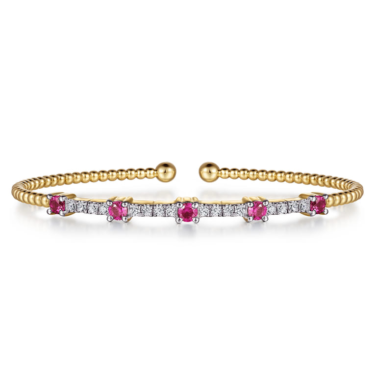 14K Yellow Gold Bujukan Diamond and Ruby Cuff Bracelet - 0.3 ct - Shot 1