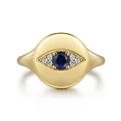 14K Yellow Gold Bujukan Diamond and Sapphire Evil Eye Signet Ladies Ring