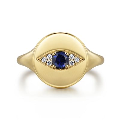 14K Yellow Gold Bujukan Diamond and Sapphire Evil Eye Signet Ladies Ring