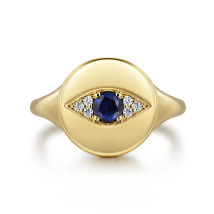 14K Yellow Gold Bujukan Diamond and Sapphire Evil Eye Signet Ladies Ring