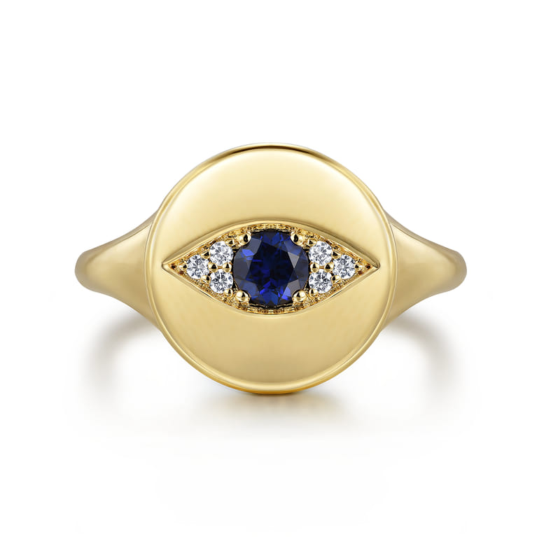 14K Yellow Gold Bujukan Diamond and Sapphire Evil Eye Signet Ladies Ring - 0.04 ct - Shot 1