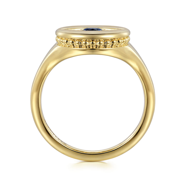 14K Yellow Gold Bujukan Diamond and Sapphire Evil Eye Signet Ladies Ring - 0.04 ct - Shot 2