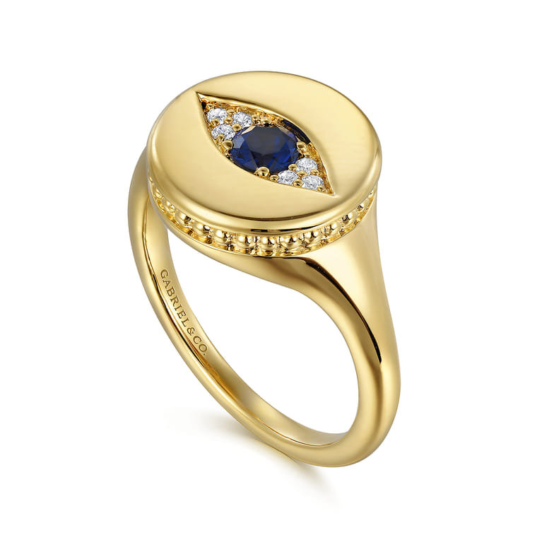 14K Yellow Gold Bujukan Diamond and Sapphire Evil Eye Signet Ladies Ring - 0.04 ct - Shot 3