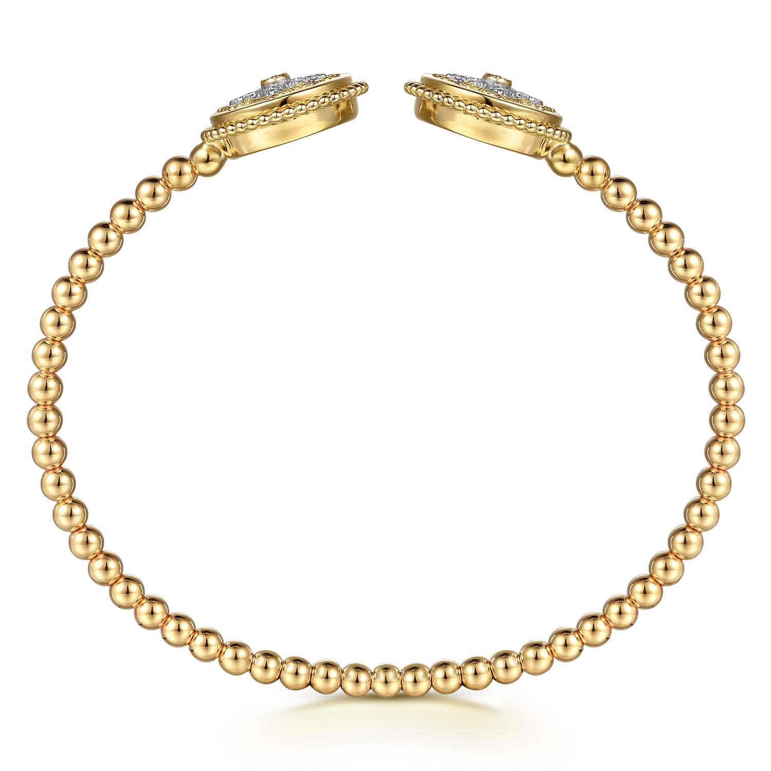 14K Yellow Gold Bujukan Diamond and White Mother of Pearl Double Medallion Open Bangle Bracelet - 0.17 ct - Shot 3