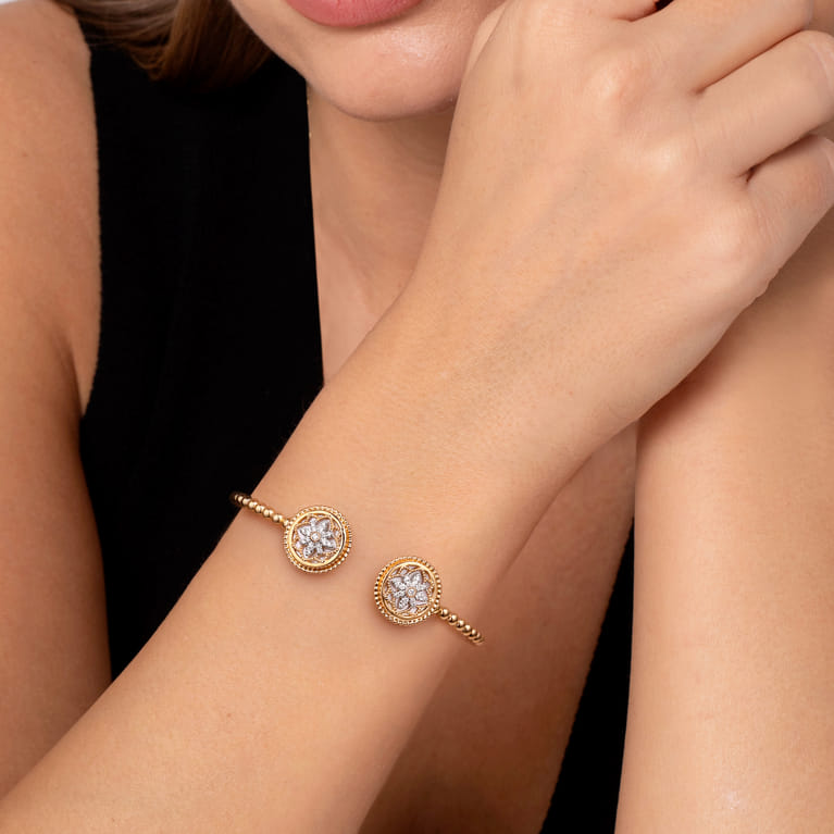 14K Yellow Gold Bujukan Diamond and White Mother of Pearl Double Medallion Open Bangle Bracelet - 0.17 ct - Shot 4