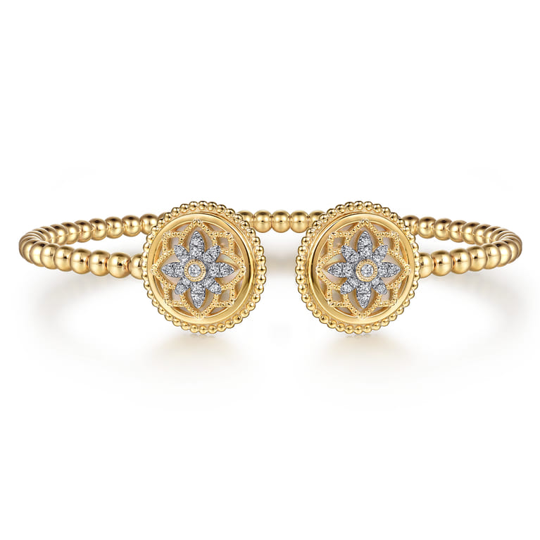 14K Yellow Gold Bujukan Diamond and White Mother of Pearl Double Medallion Open Bangle Bracelet - 0.17 ct - Shot 1