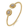 14K Yellow Gold Bujukan Diamond and White Mother of Pearl Double Medallion Open Bangle Bracelet - 0.17 ct