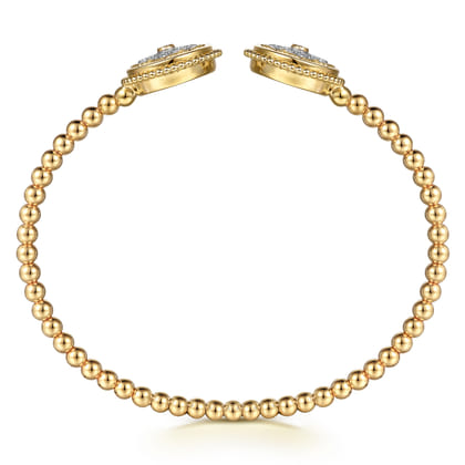 14K Yellow Gold Bujukan Diamond and White Mother of Pearl Double Medallion Open Bangle Bracelet