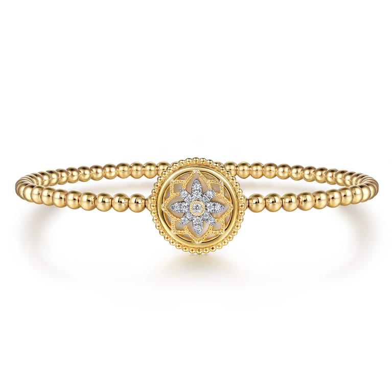 14K Yellow Gold Bujukan Diamond and White Mother of Pearl Medallion Split Bangle Bracelet - 0.08 ct - Shot 1