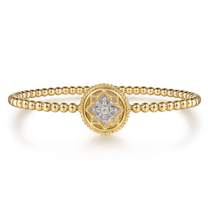 14K Yellow Gold Bujukan Diamond and White Mother of Pearl Medallion Split Bangle Bracelet