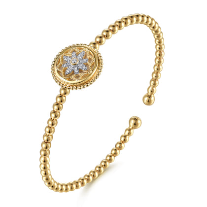 14K Yellow Gold Bujukan Diamond and White Mother of Pearl Medallion Split Bangle Bracelet