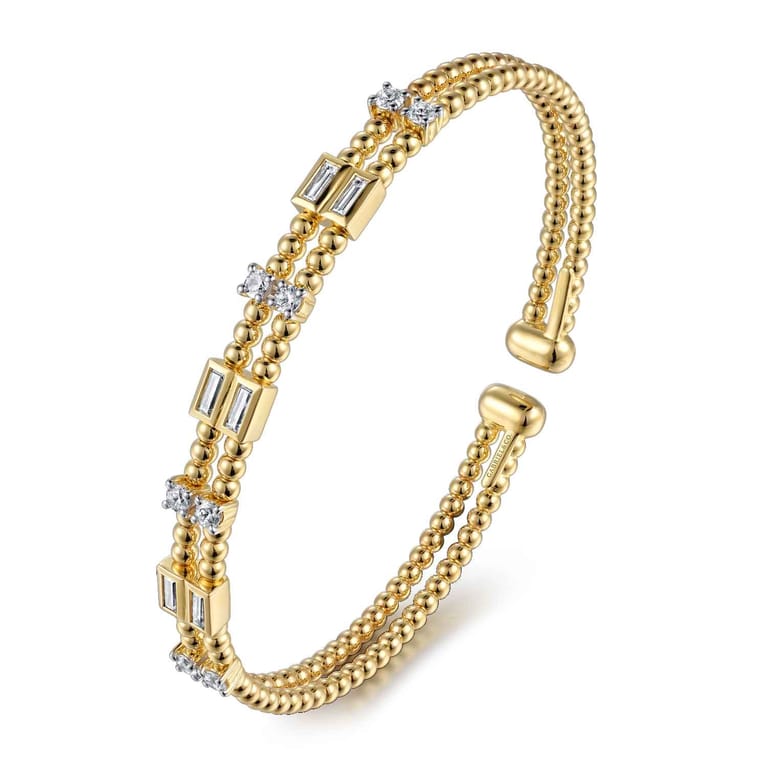 14K Yellow Gold Bujukan Double Rows Baguette Diamond Fashion Bangle - 0.75 ct - Shot 2
