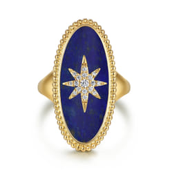 14K Yellow Gold Bujukan Elongated Oval Lapis Inlay Starburst Signet Ring