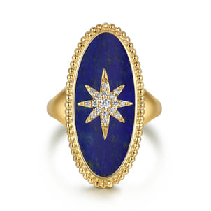 14K Yellow Gold Bujukan Elongated Oval Lapis Inlay Starburst Signet Ring