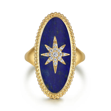 14K Yellow Gold Bujukan Elongated Oval Lapis Inlay Starburst Signet Ring