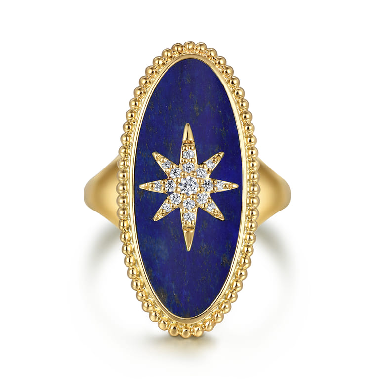 14K Yellow Gold Bujukan Elongated Oval Lapis Inlay Starburst Signet Ring - 0.11 ct - Shot 1