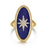 14K Yellow Gold Bujukan Elongated Oval Lapis Inlay Starburst Signet Ring - 0.11 ct