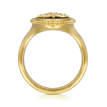 14K Yellow Gold Bujukan Elongated Oval Lapis Inlay Starburst Signet Ring