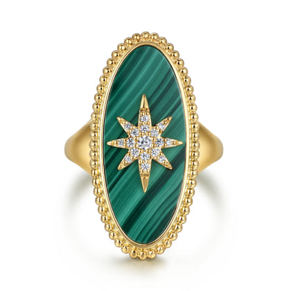 14K Yellow Gold Bujukan Elongated Oval Malachite Inlay Starburst Signet Ring