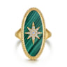 14K Yellow Gold Bujukan Elongated Oval Malachite Inlay Starburst Signet Ring - 0.11 ct