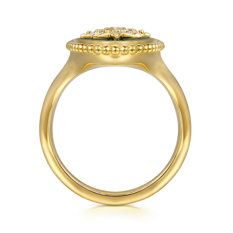 14K Yellow Gold Bujukan Elongated Oval Malachite Inlay Starburst Signet Ring - 0.11 ct - Shot 2