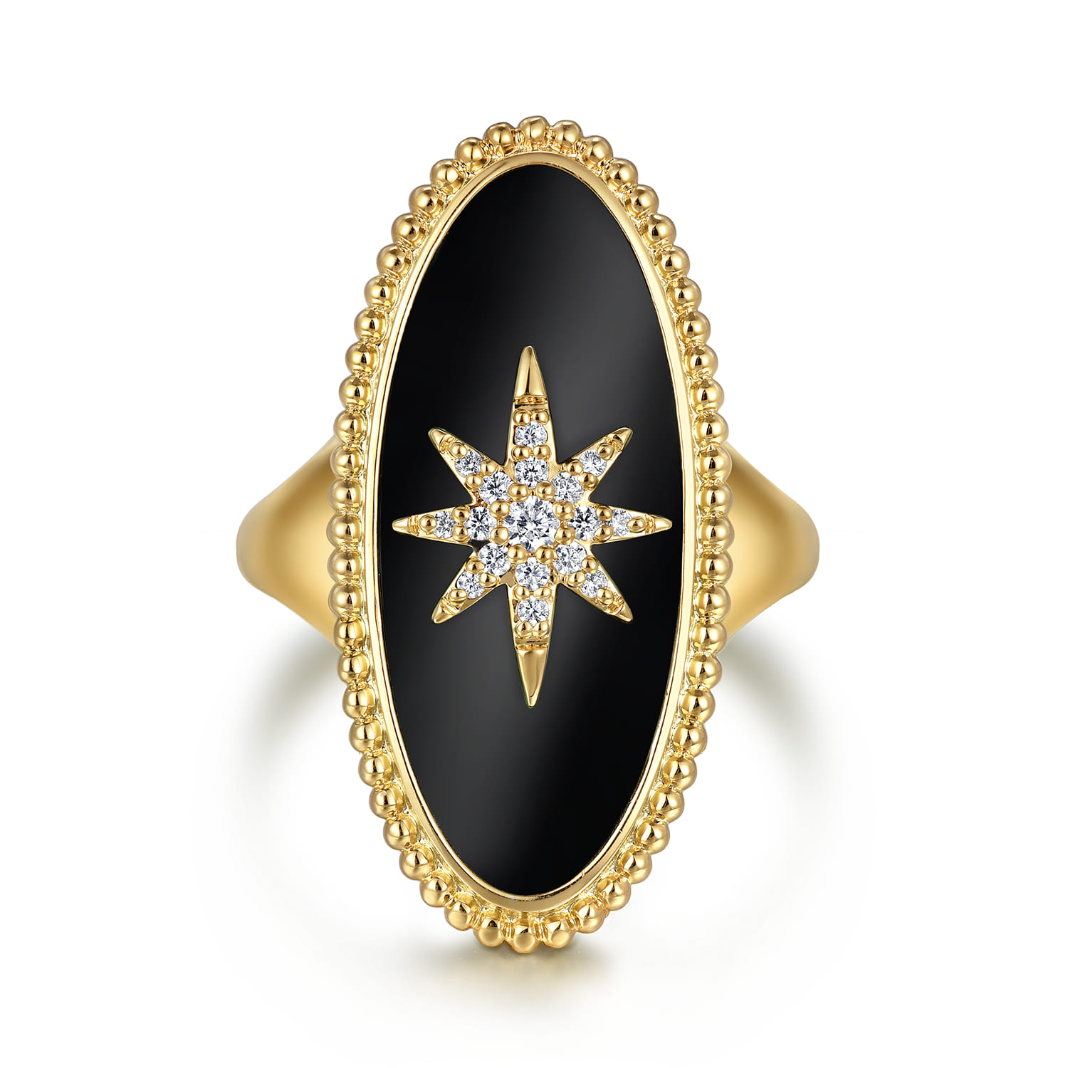 14K Yellow Gold Bujukan Elongated Oval Onyx Inlay Starburst Signet Ring