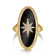 14K Yellow Gold Bujukan Elongated Oval Onyx Inlay Starburst Signet Ring