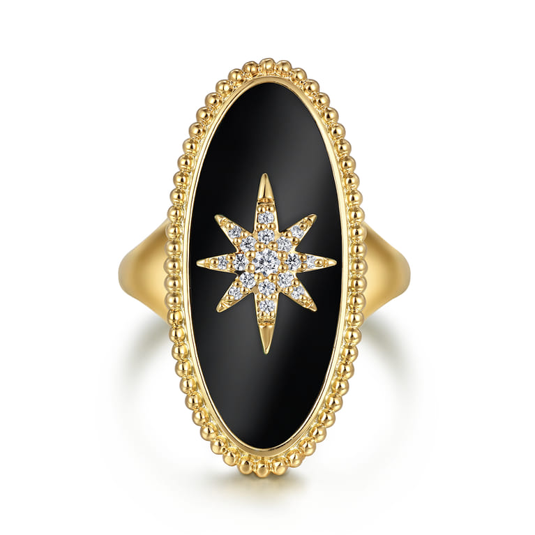 14K Yellow Gold Bujukan Elongated Oval Onyx Inlay Starburst Signet Ring - 0.11 ct - Shot 1