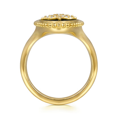 14K Yellow Gold Bujukan Elongated Oval Onyx Inlay Starburst Signet Ring