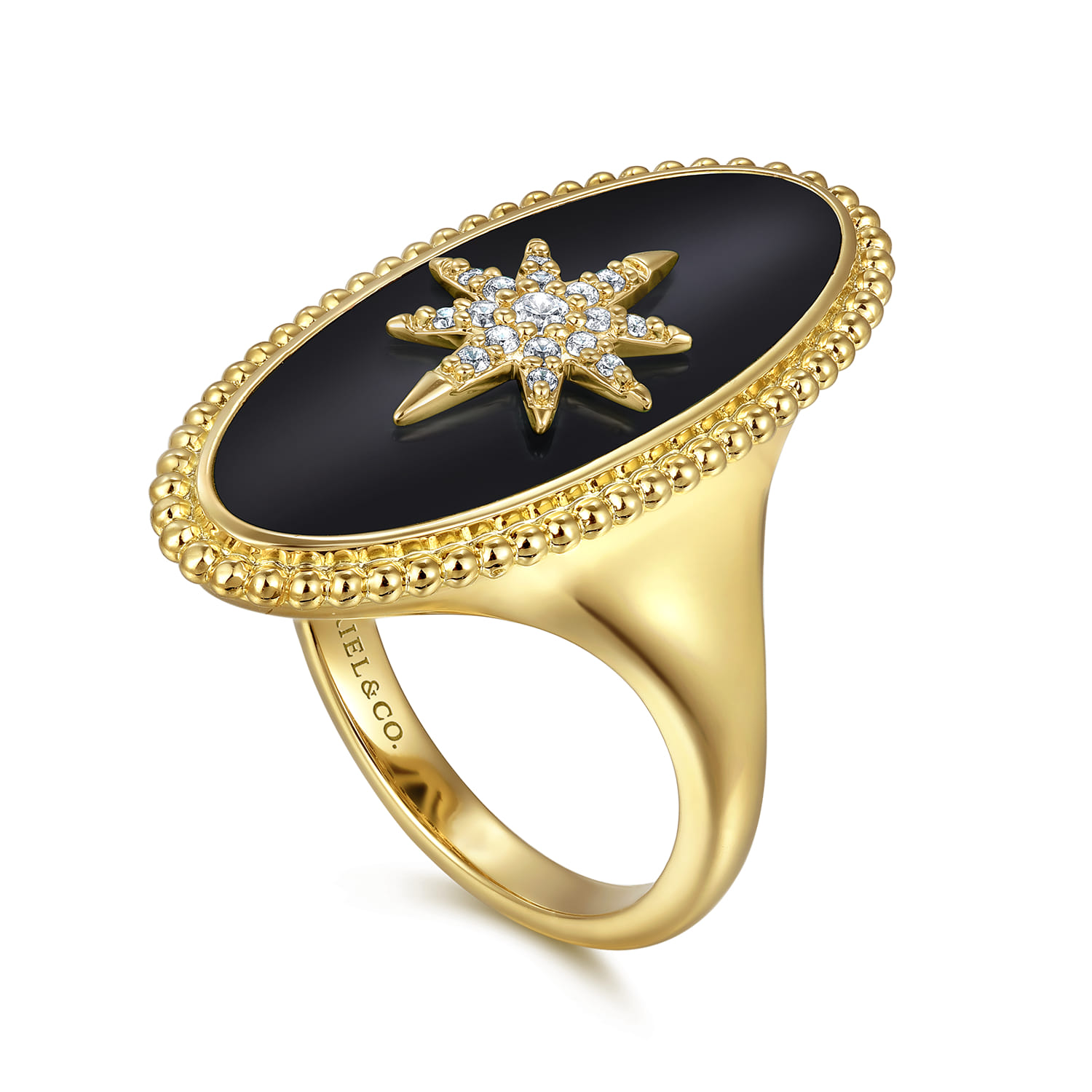 14K Yellow Gold Bujukan Elongated Oval Onyx Inlay Starburst Signet Ring
