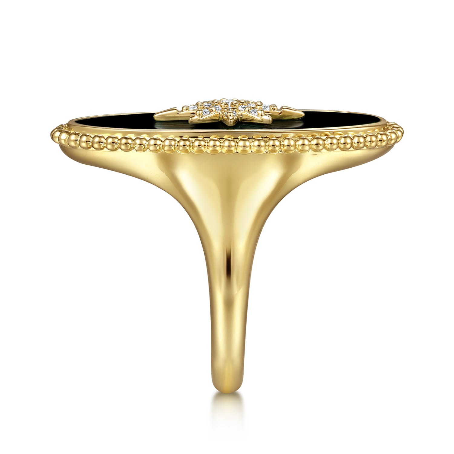 14K Yellow Gold Bujukan Elongated Oval Onyx Inlay Starburst Signet Ring