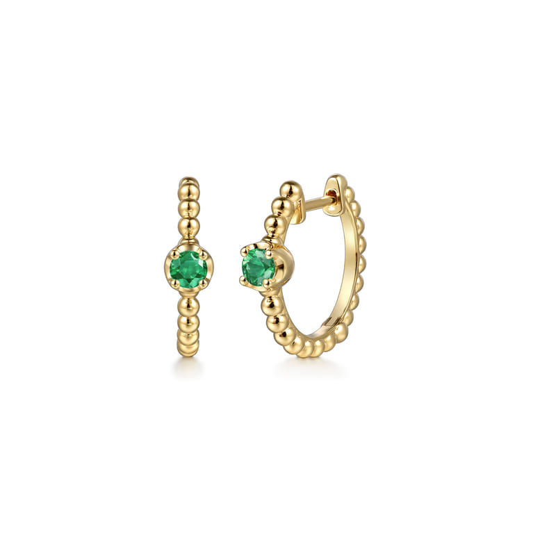 14K Yellow Gold Bujukan Emerald 15mm Huggie Earrings - Shot 1
