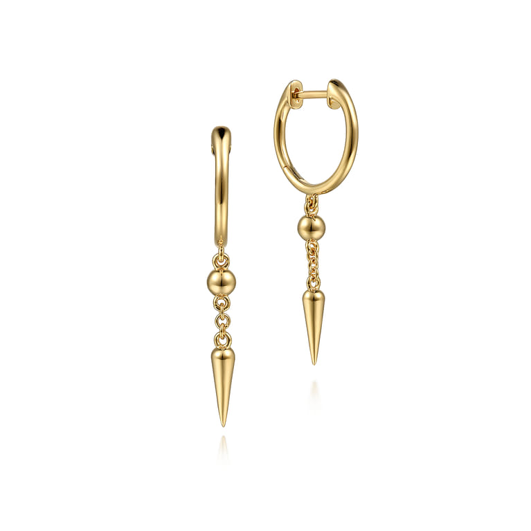 14K Yellow Gold Bujukan Huggie Drop Spike Earrings - Shot 1