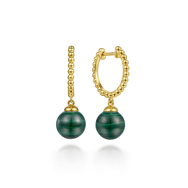 14K Yellow Gold Bujukan Huggie Earrings with Malachite Drops - Shot 1