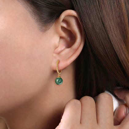 14K Yellow Gold Bujukan Huggie Earrings with Malachite Drops