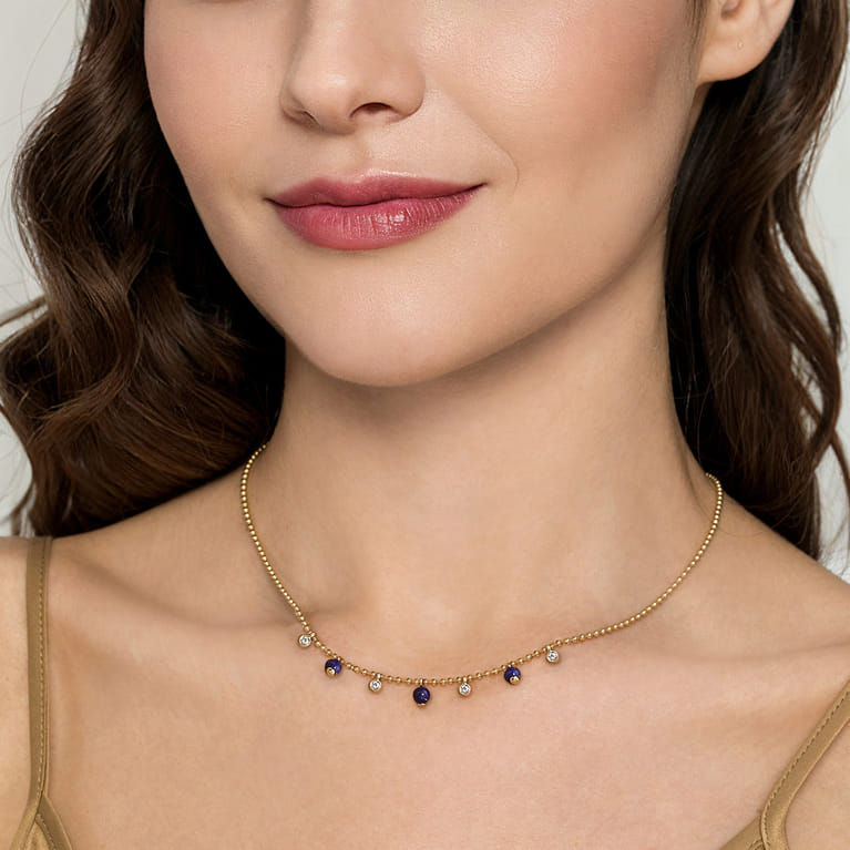 14K Yellow Gold Bujukan Lapis and White Sapphire Droplet Necklace - Shot 4