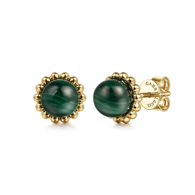 14K Yellow Gold Bujukan Malachite Stud Earrings - Shot 1