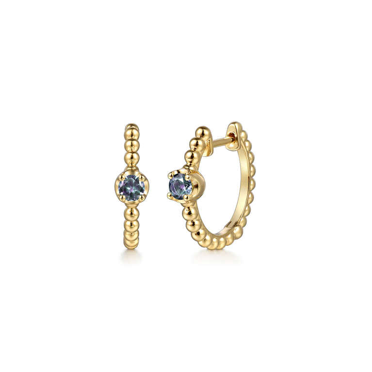14K Yellow Gold Bujukan Manmade Alexandrite 15mm Huggie Earrings - Shot 1
