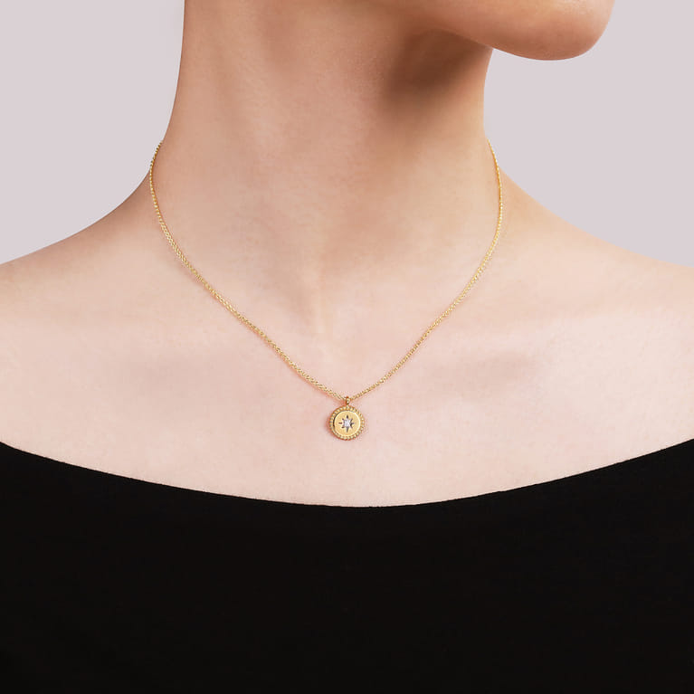 14K Yellow Gold Bujukan Medallion Necklace with Starburst Diamond Center - 0.02 ct - Shot 3