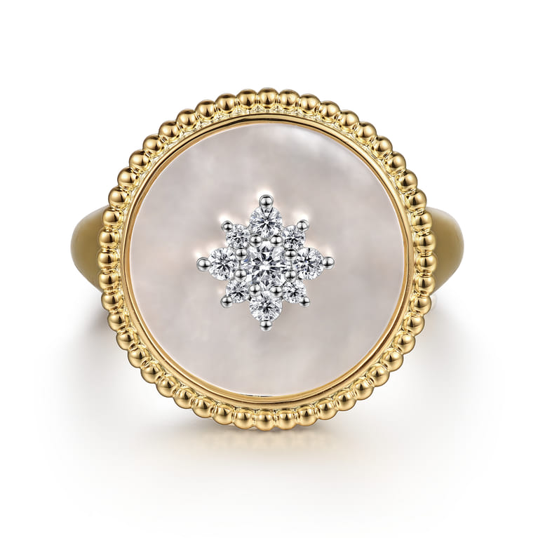 14K Yellow Gold Bujukan Mother of Pearl Inlay and Diamond Starburst Signet Ring - 0.17 ct - Shot 1