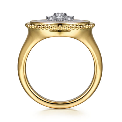 14K Yellow Gold Bujukan Mother of Pearl Inlay and Diamond Starburst Signet Ring